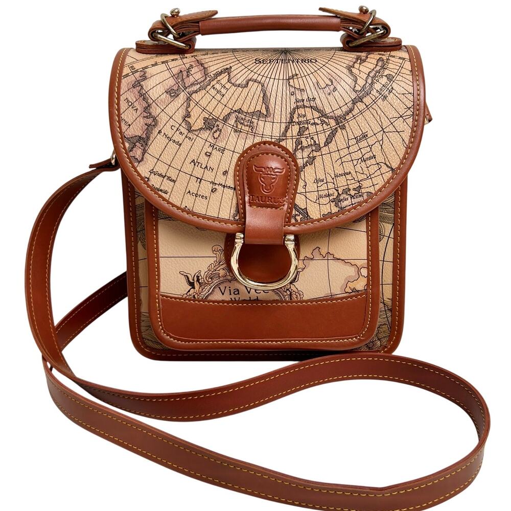 Anthropologie Taurus Leather Handbag Brown Map Print Top Handle
